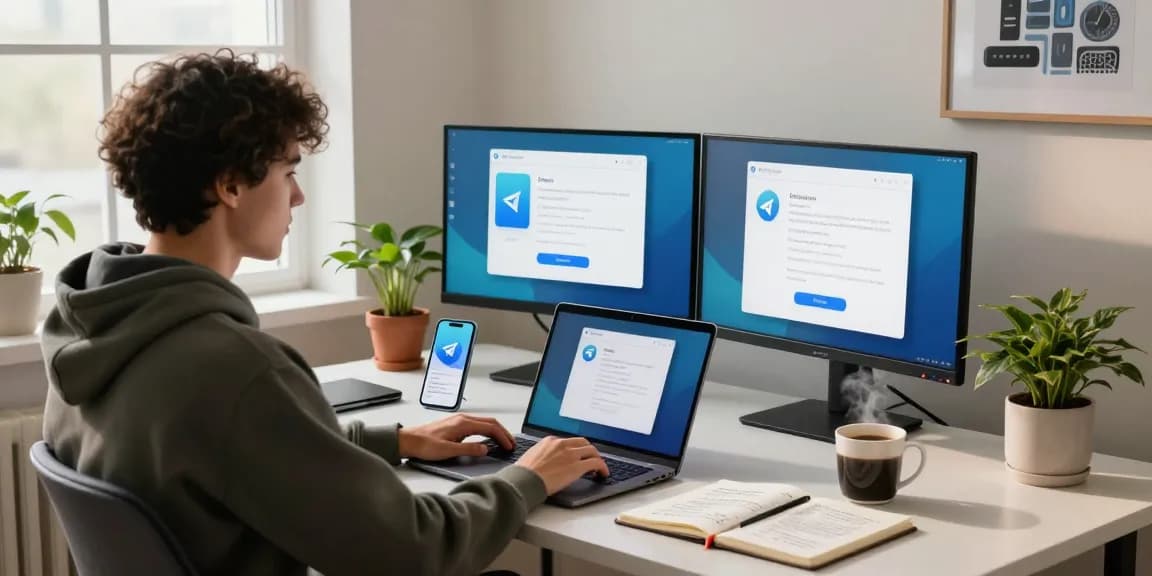Download Telegram on a modern laptop in a stylish home office workspace, showcasing installation guides and notifications.