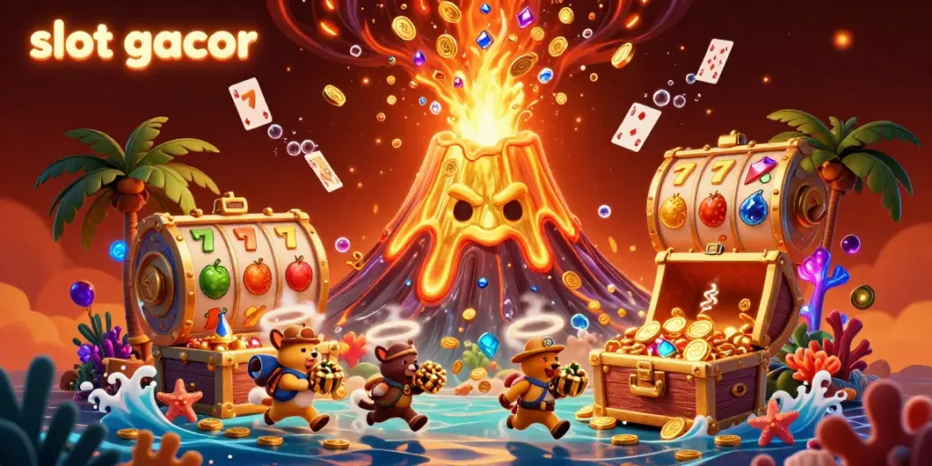 Experience the thrill of slot gacor with golden treasures erupting from a volcano filled with gems.