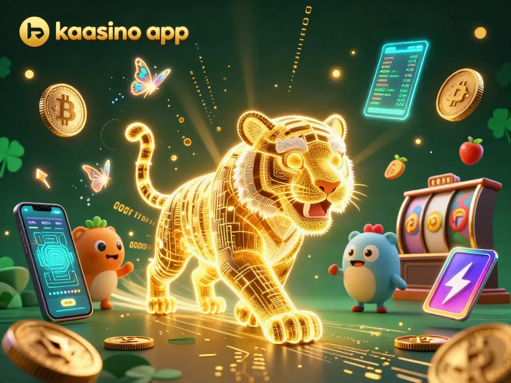 Engage with the innovative kaasino app featuring a neon wireframe tiger in a vibrant digital casino.