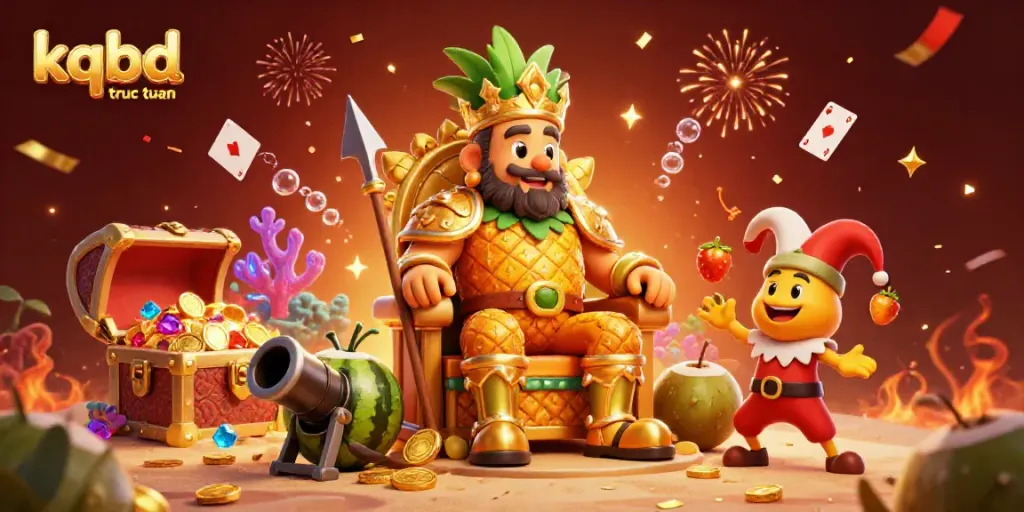 Engage with kqbd truc tuyen in a vibrant beach casino scene featuring a pineapple king and golden treasures.