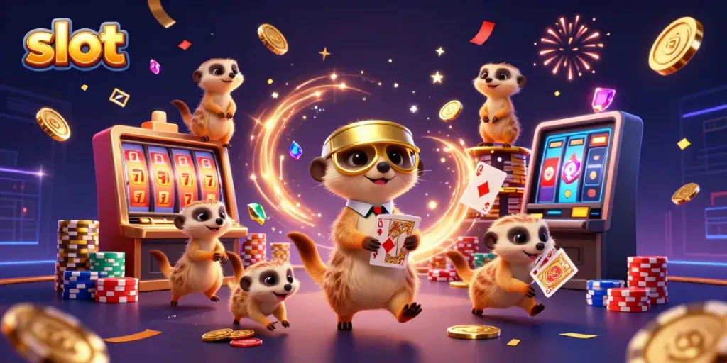 Meerkats operate a dynamic slot casino scene with jackpot symbols, coins, and colorful poker chips.