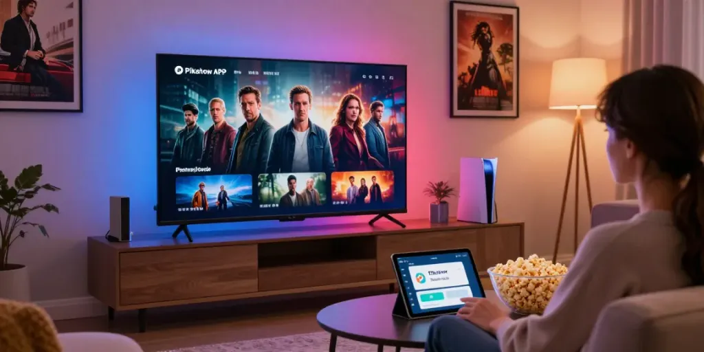 Pikasho APK streaming setup with a person on a sofa enjoying a movie night with smart TV and app interface.