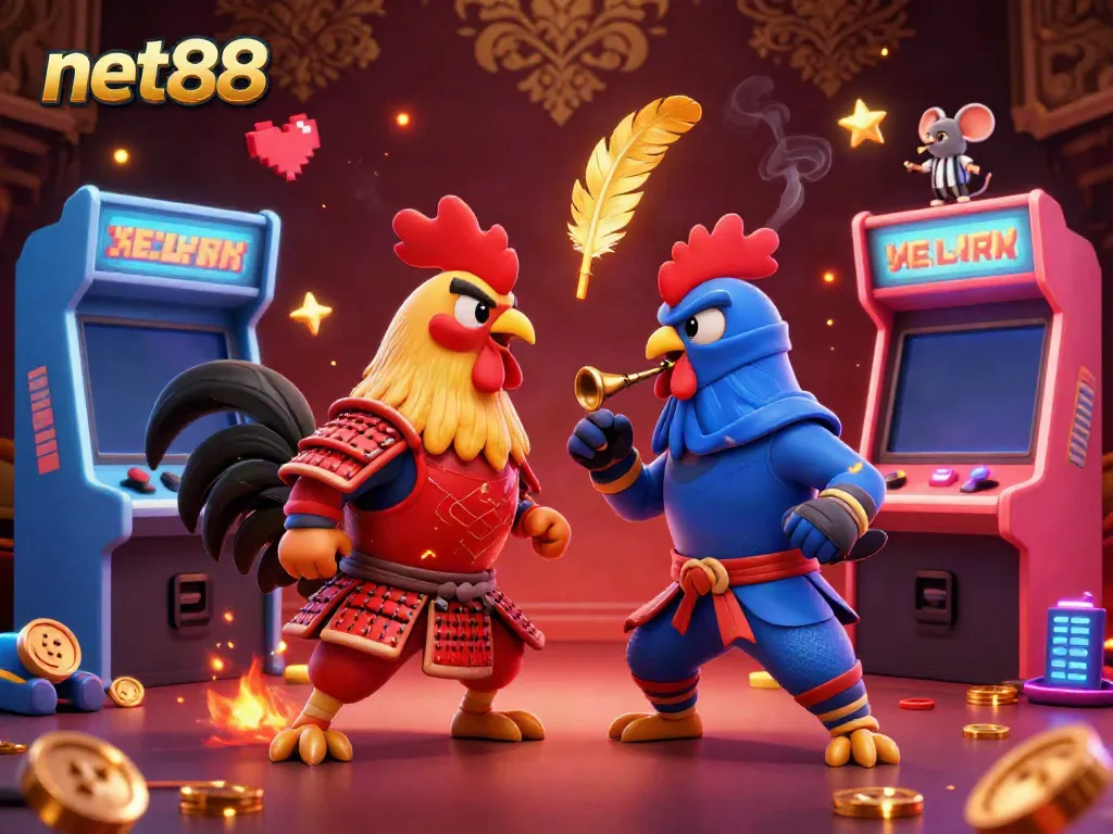 Watch twin cartoon roosters in samurai and ninja gear battling over net88, surrounded by colorful arcade game elements.