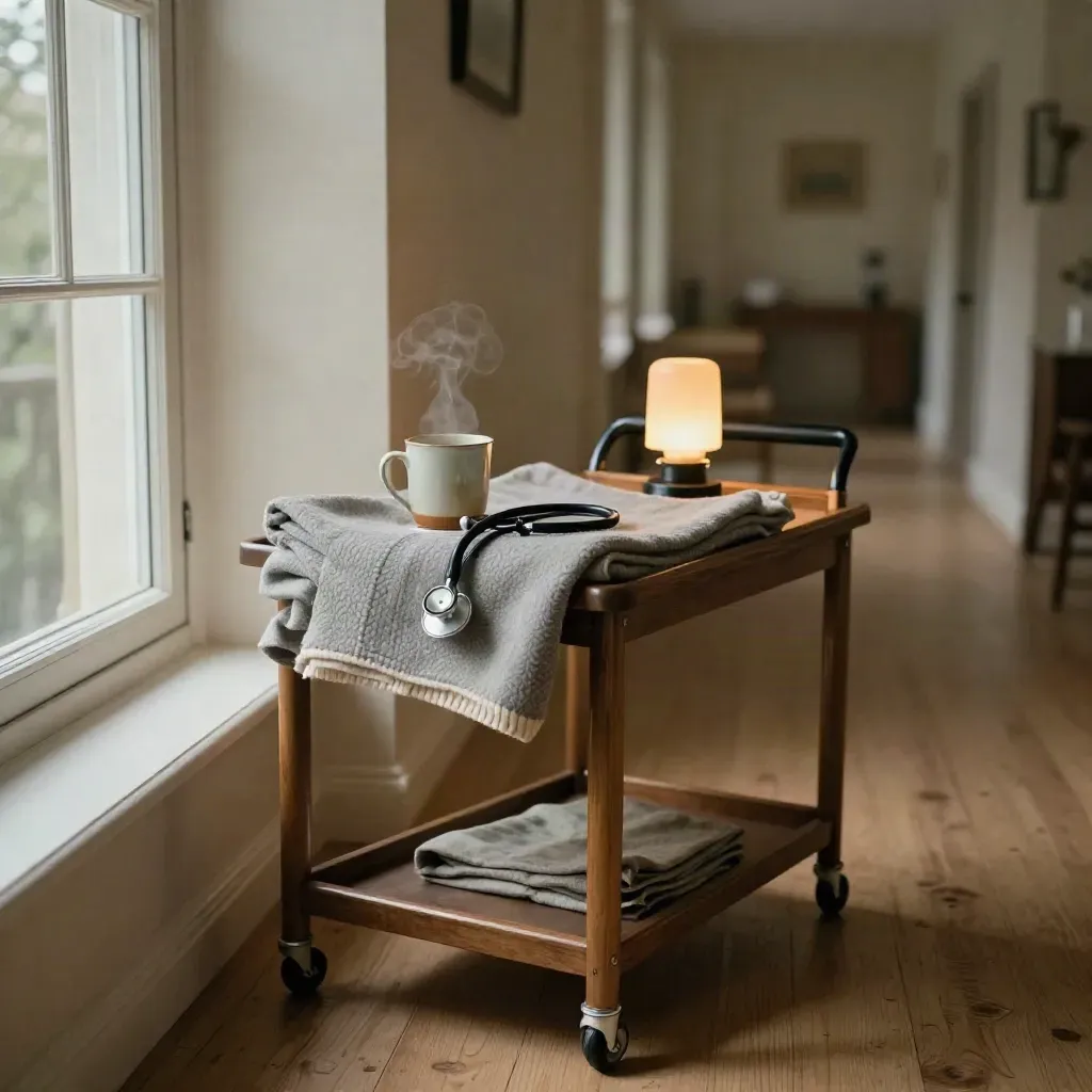 Care-home ontbijtkar bij raam met dekens, mok, stethoscoop en lamp