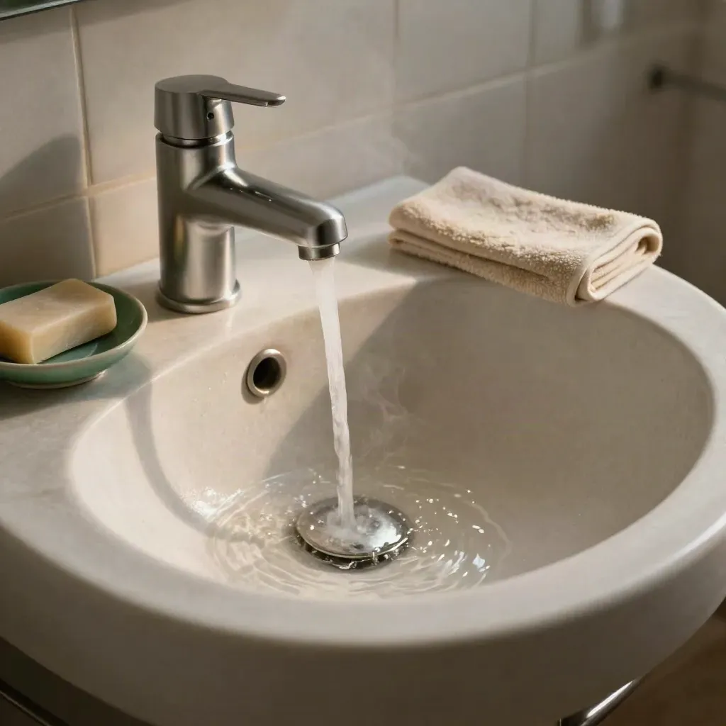 Badkamerspoelbak met straaltje water, zeep en handdoek in rustige, duurzame stijl