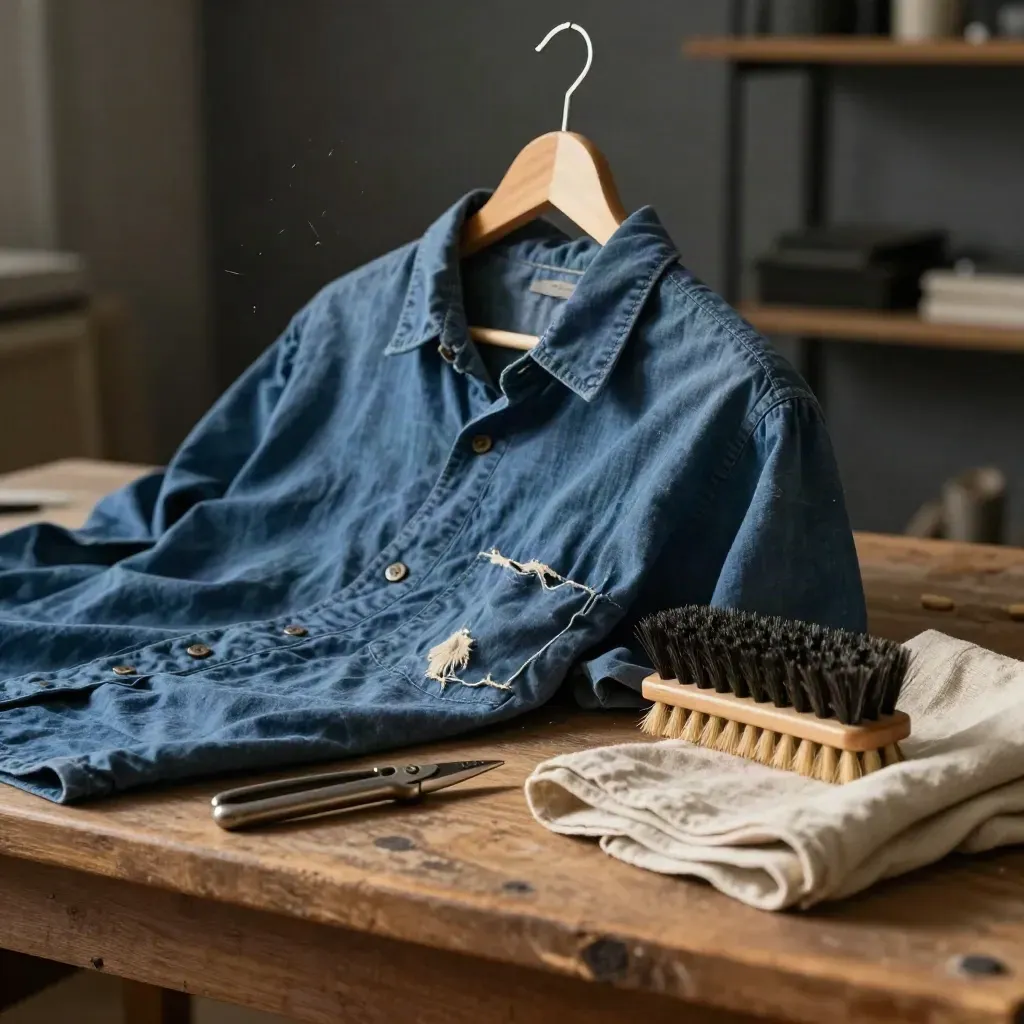 Gerepareerd indigo werkshirt aan houten hanger met tornmesje, borstel en linnen doek
