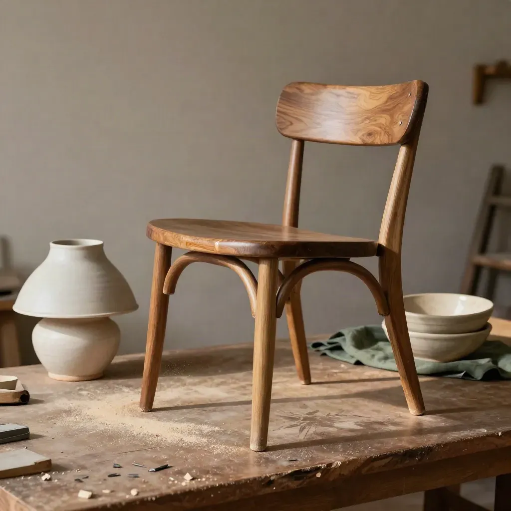 Bewerkingsbank met een houten stoel, keramische lampenkap en gestapelde tweedehands kommen.