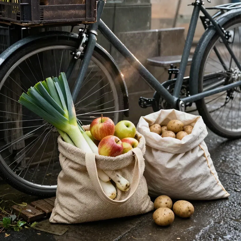 Natte markttas met appels, prei en pootaardappelen naast een fietstas op natte stoep