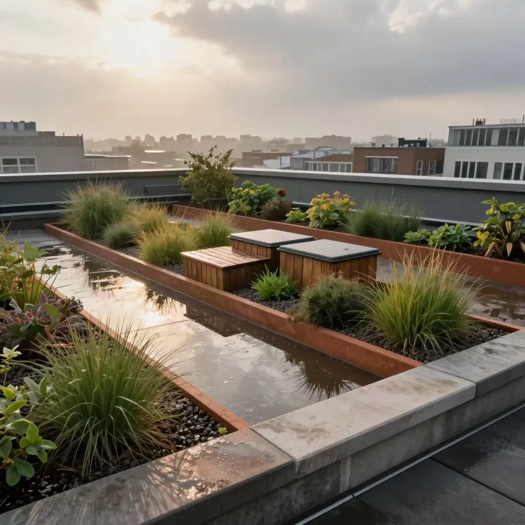Dakterras met regenwateropvang, compostbakken en wuivende grassen na een bui