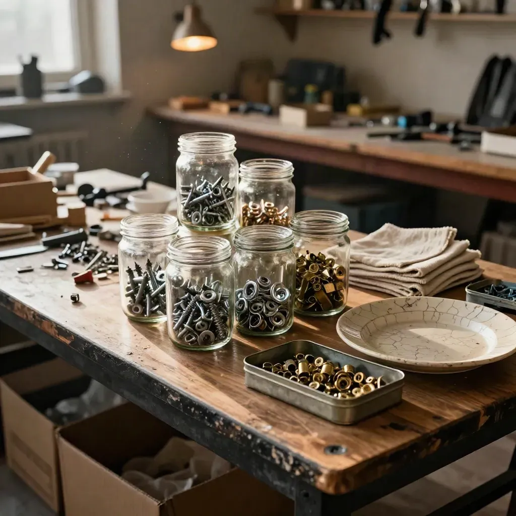 Repair café met potten, blikken en een gebarsten bord in warm middaglicht