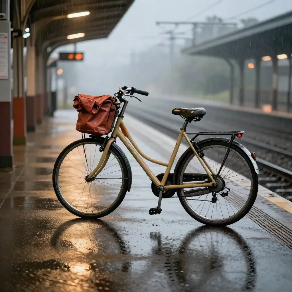 Fiets naast perronrand in regen, met opgerolde regenponcho op de bagagedrager.