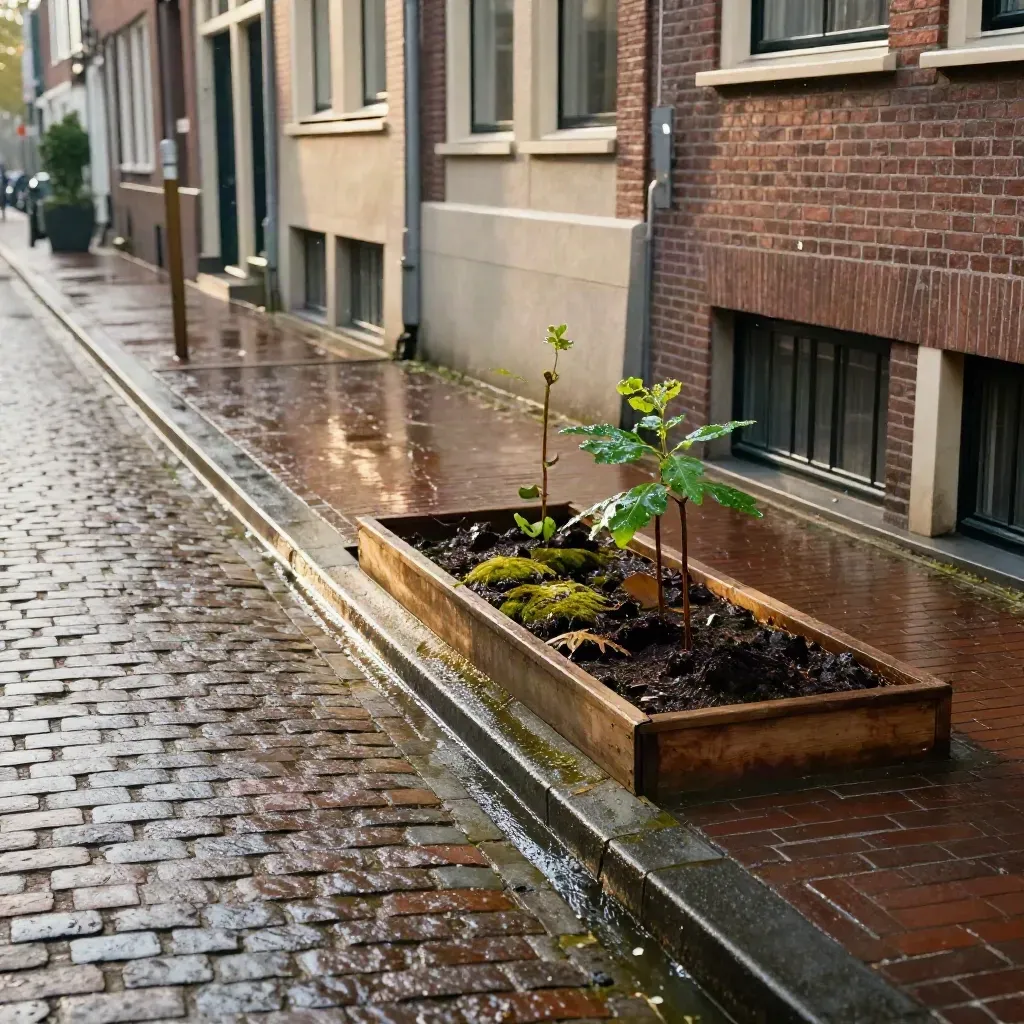 Natte Utrechtse straat met verse boomspiegels en een kleine buurtplanter na de regen.
