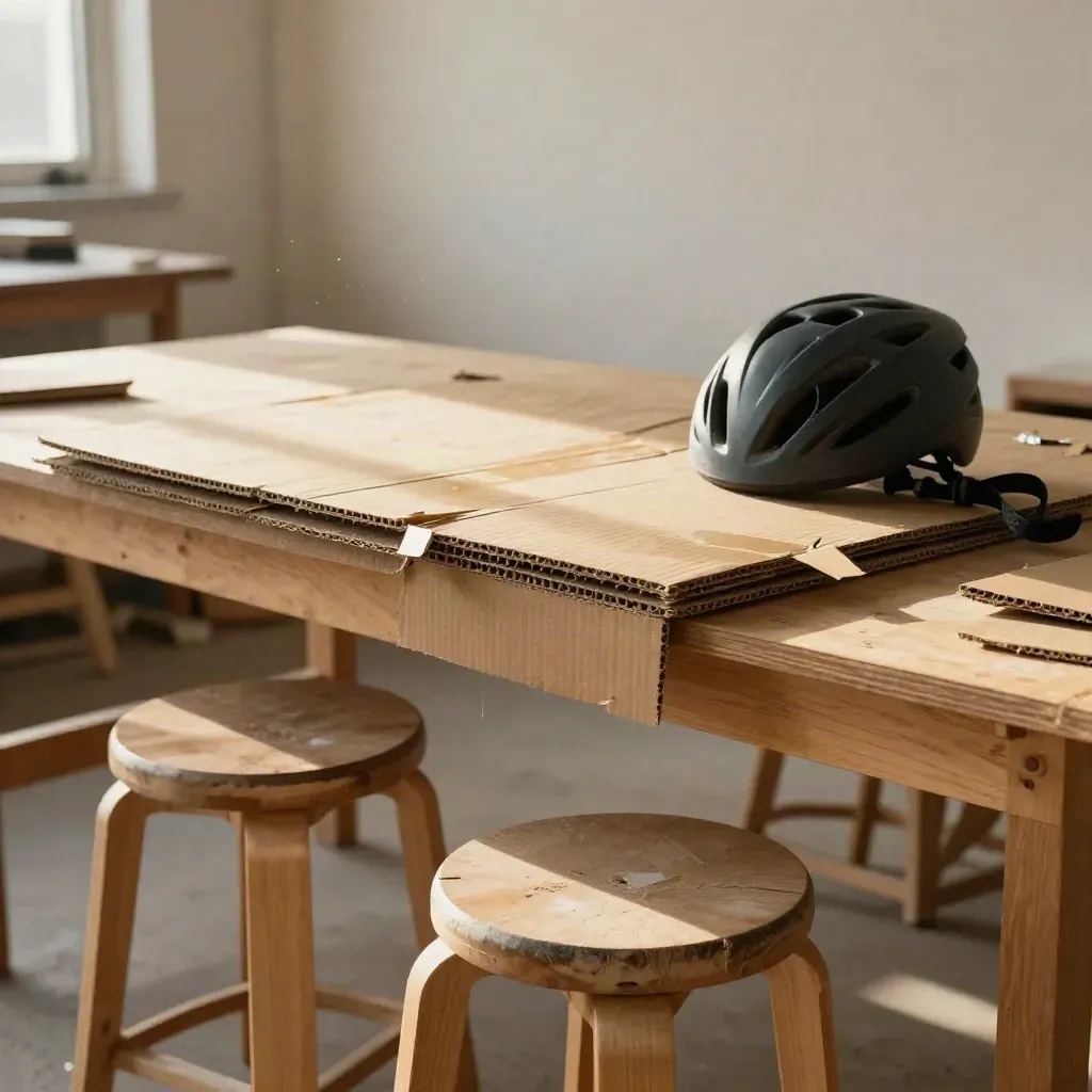 Werkplaats met kartonnen prototypes, fietshelm en gestapelde krukken in warm daglicht.