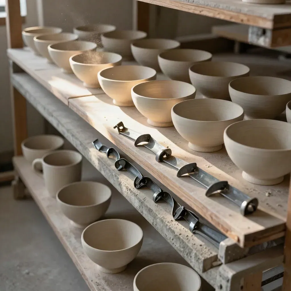 Keramiekplank in atelier met drogende kommen, trimgereedschap en kleivormen in zacht namiddaglicht.