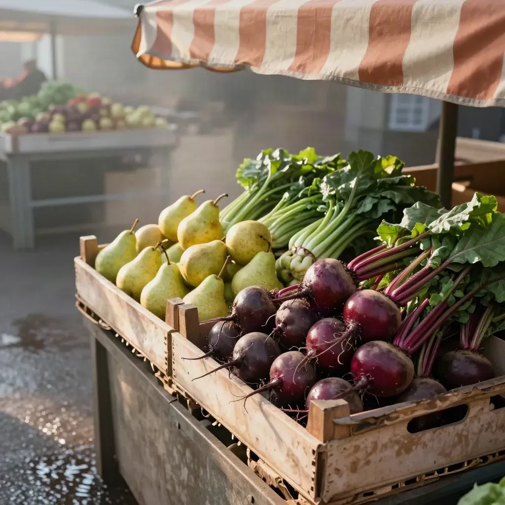Kisten met bieten, peren en kool onder een gestreepte markttent in ochtendmist.