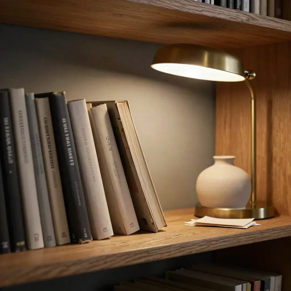 Houten boekenkast met omgedraaide boeken, leeslamp en keramisch object in warm schemerlicht.
