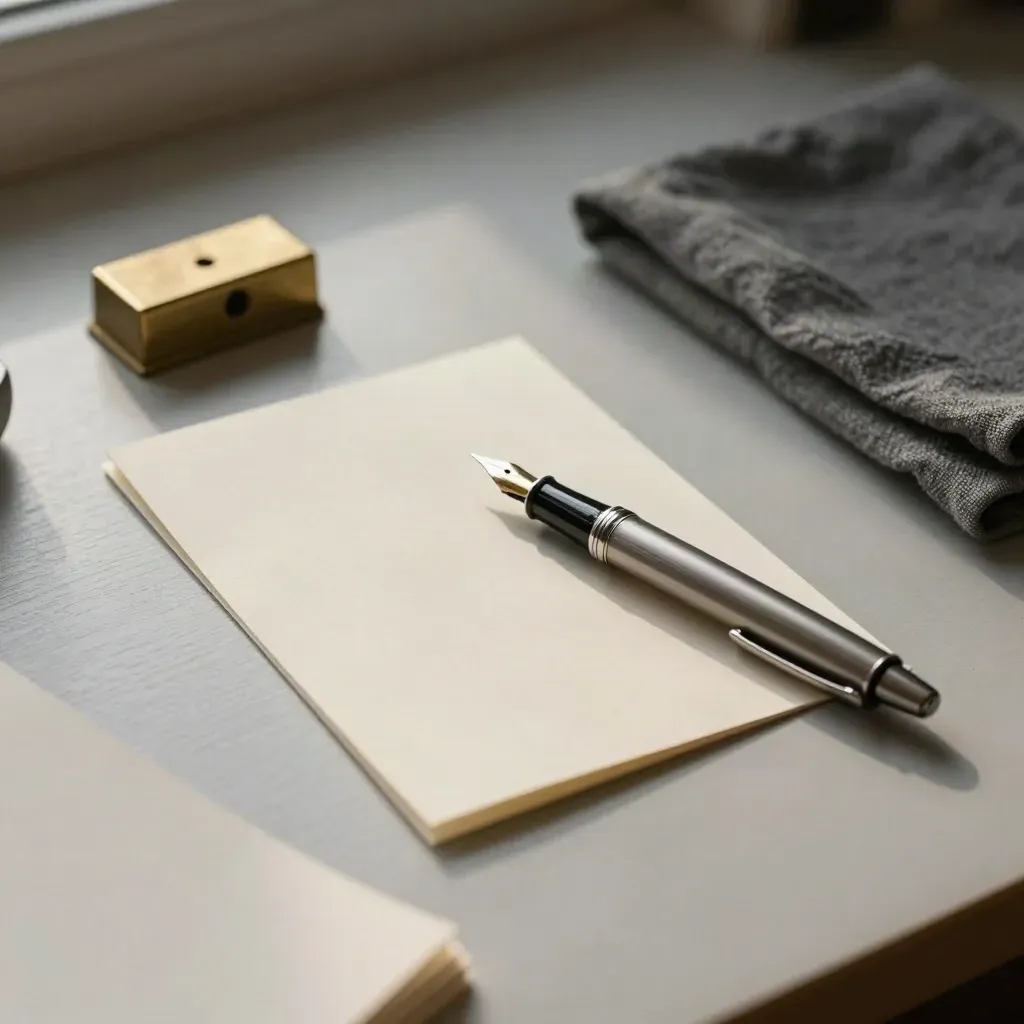 Pale houten bureau met vulpen, gevouwen essaykaartjes, messing papiergewicht en zacht linnen in raamlicht.