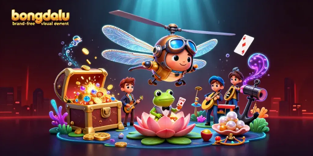 Experience the excitement of Bongdalu logo in a dynamic 3D scene featuring a dragonfly pilot and a frog dealer.