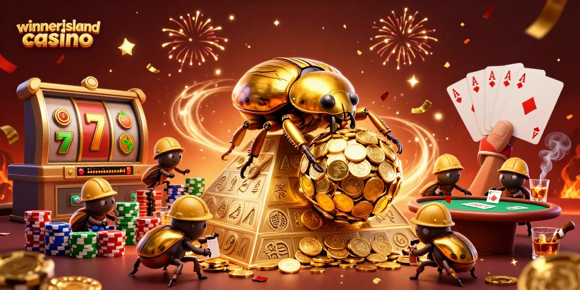 Experience the excitement of winnerislandcasino with a golden dung beetle rolling coins and vibrant game elements.