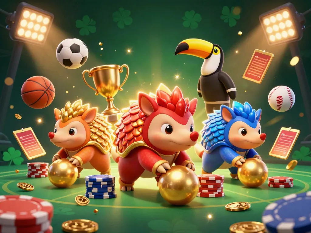 Join the action at red881 with rival pangolins bowling through poker chips, illuminated by sports elements.