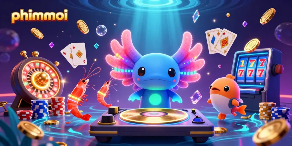 Experience the vibrant phimmoi casino scene with cartoon characters, golden coins, and electrifying energy.