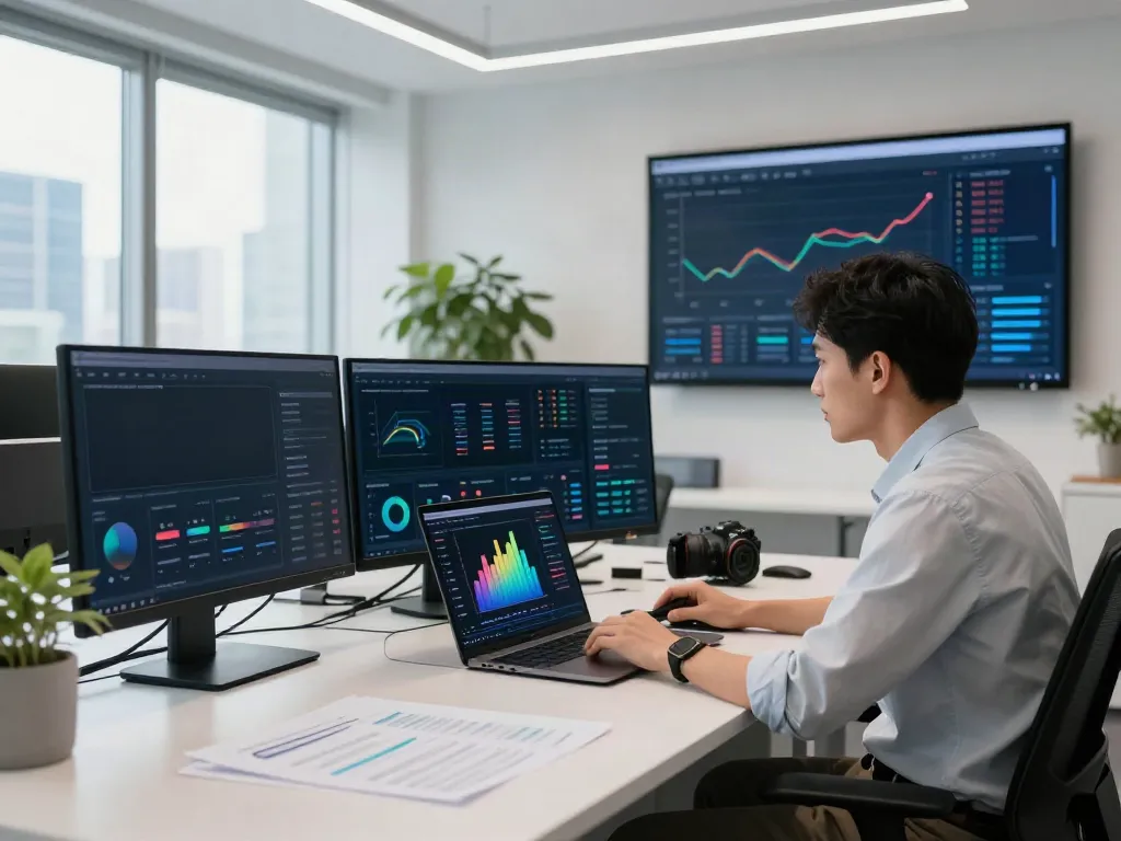 Data analysis of ChatGPT brand monitoring metrics in a modern office setting.