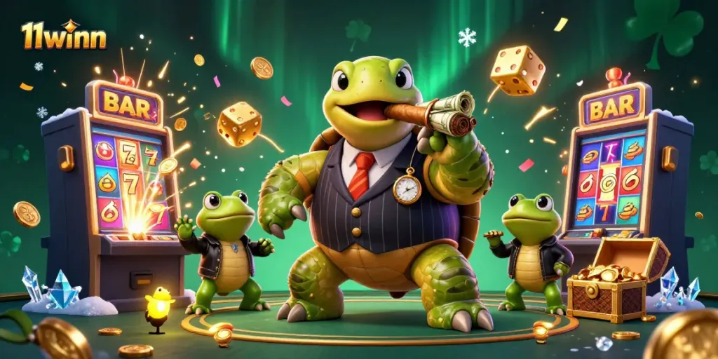 Experience vibrant gaming with 11winn's cartoon turtle and bullfrogs amidst slot machines and jackpot excitement.