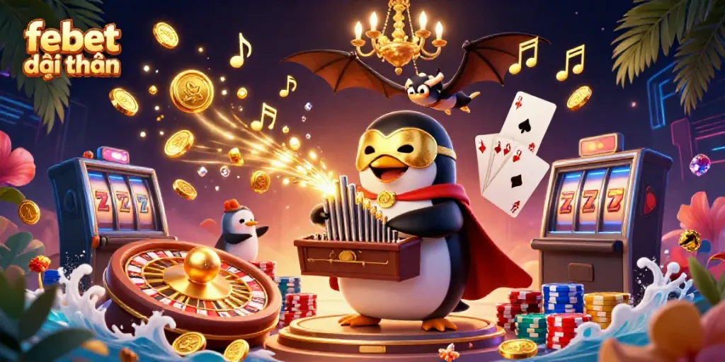 Experience febet đổi thưởng with a dynamic 3D casino scene showcasing immersive gaming elements and vibrant characters.