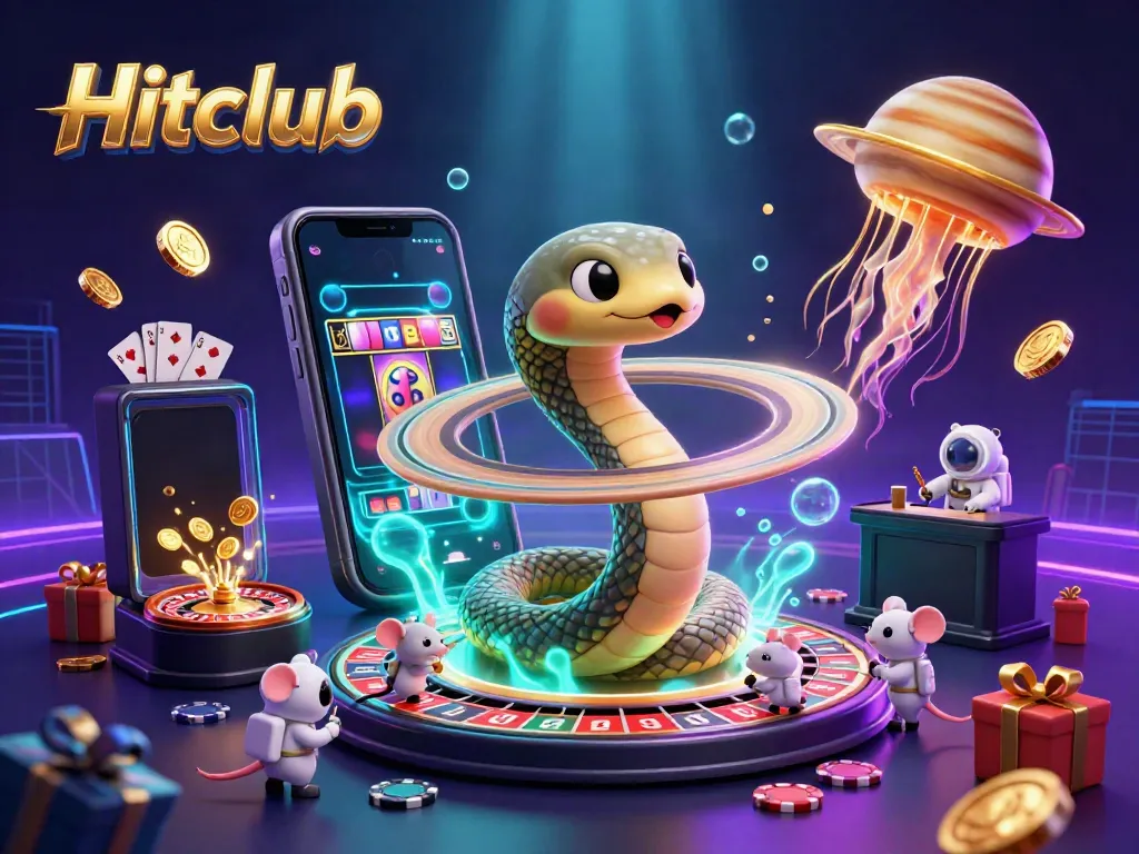 Hitclub gaming experience with astronauts betting on Saturn's roulette while immersed in a cosmic casino setting.