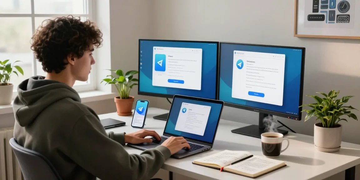 Download Telegram on a modern laptop in a stylish home office workspace, showcasing installation guides and notifications.