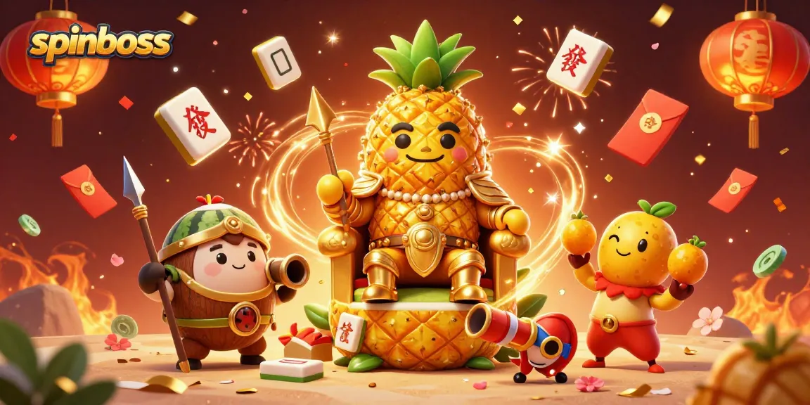 Spinboss casino experience with a golden pineapple king and vibrant elements igniting energy and excitement.