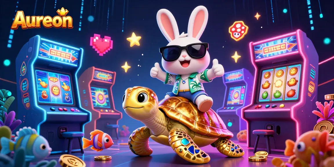 Aureon casino slots illustration featuring lucky rabbit and golden turtle with vibrant casino elements.